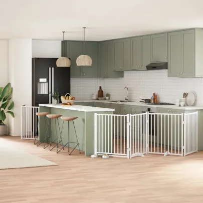 Poartă Câini Pliabilă cu Ușă 8 Panouri - Alb, 640 cm - Lemn Plop