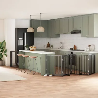 Poartă Câini Pliabilă 8 Panouri Negru 640 cm - Lemn Plop