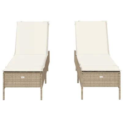 Șezlonguri de Plajă cu Perne - 2 bucăți - Bej - Poliratan