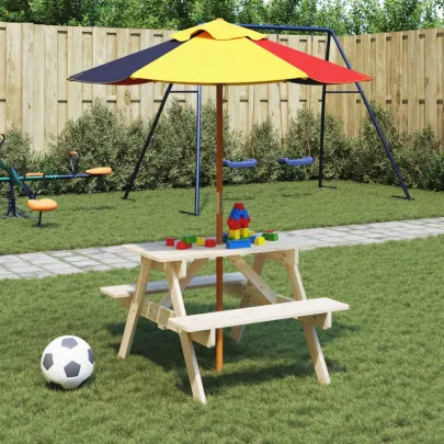 Masă picnic copii cu umbrelă - Lemn masiv - Livrare gratuită