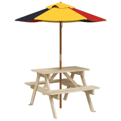 Masă picnic copii cu umbrelă - Lemn masiv - Livrare gratuită