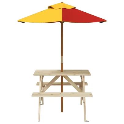Masă picnic copii cu umbrelă - Lemn masiv - Livrare gratuită