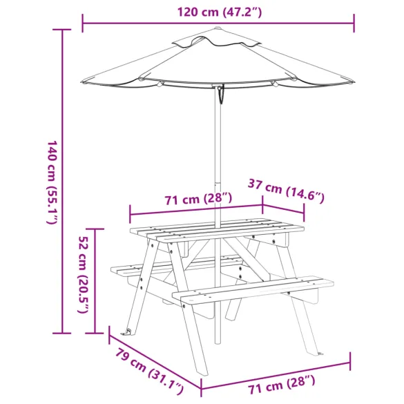 Masă picnic copii cu umbrelă - Lemn masiv - Livrare gratuită