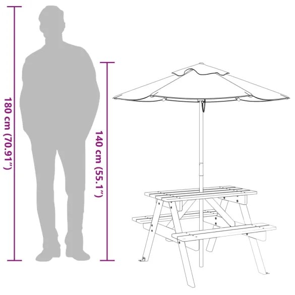 Masă picnic copii cu umbrelă - Lemn masiv - Livrare gratuită