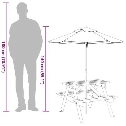 Masă picnic copii cu umbrelă - Lemn masiv - Livrare gratuită