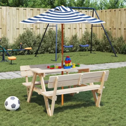 Masă de picnic copii cu umbrelă - Lemn masiv brad