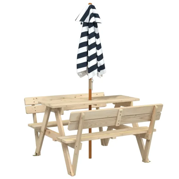 Masă de picnic copii cu umbrelă - Lemn masiv brad
