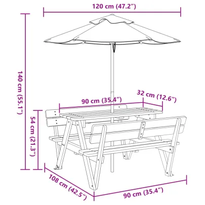 Masă de picnic copii cu umbrelă - Lemn masiv brad