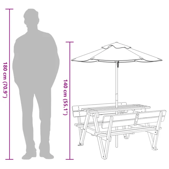 Masă de picnic copii cu umbrelă - Lemn masiv brad