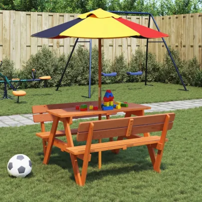 Masă picnic copii cu umbrelă - Lemn masiv - Livrare gratuită