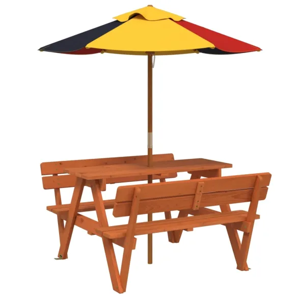 Masă picnic copii cu umbrelă - Lemn masiv - Livrare gratuită