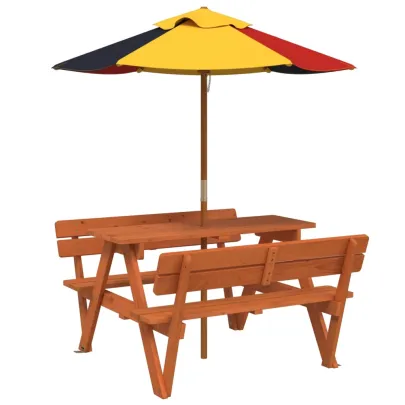 Masă picnic copii cu umbrelă - Lemn masiv - Livrare gratuită