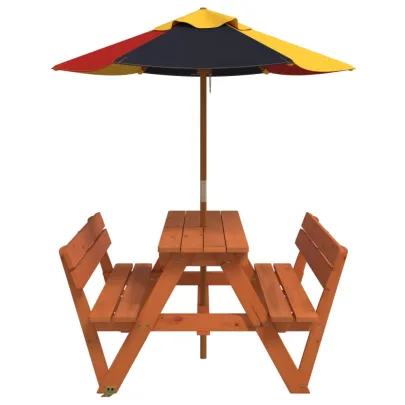 Masă picnic copii cu umbrelă - Lemn masiv - Livrare gratuită