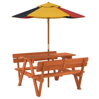 Masă picnic copii cu umbrelă - Lemn masiv - Livrare gratuită