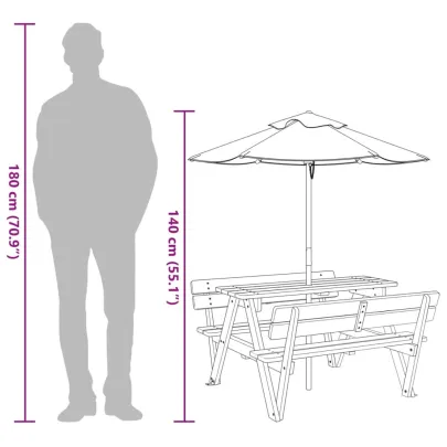 Masă picnic copii cu umbrelă - Lemn masiv - Livrare gratuită