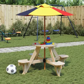 Masă Picnic 4 Copii cu Umbrelă - Lemn Masiv | Livrare Gratuită