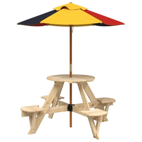 Masă Picnic 4 Copii cu Umbrelă - Lemn Masiv | Livrare Gratuită