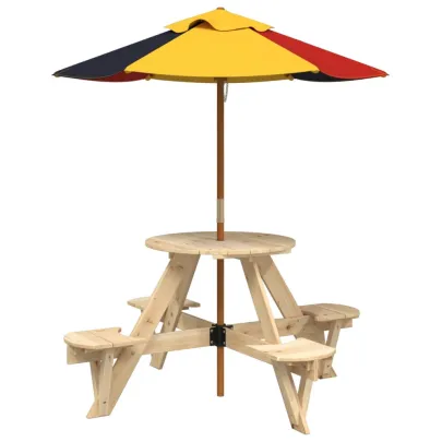 Masă Picnic 4 Copii cu Umbrelă - Lemn Masiv | Livrare Gratuită