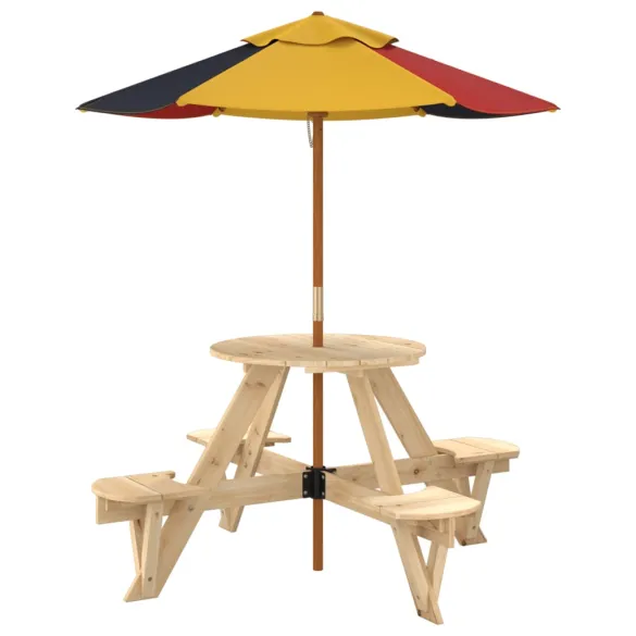 Masă Picnic 4 Copii cu Umbrelă - Lemn Masiv | Livrare Gratuită