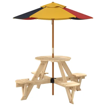 Masă Picnic 4 Copii cu Umbrelă - Lemn Masiv | Livrare Gratuită