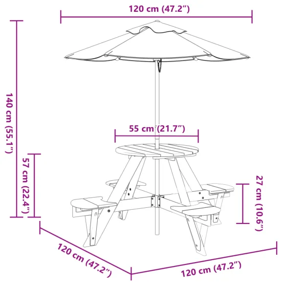 Masă Picnic 4 Copii cu Umbrelă - Lemn Masiv | Livrare Gratuită