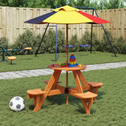Masă Picnic 4 Copii cu Umbrelă - Lemn Natural | Livrare Gratuită