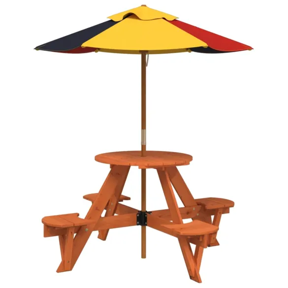 Masă Picnic 4 Copii cu Umbrelă - Lemn Natural | Livrare Gratuită