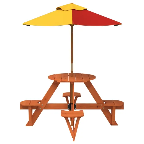 Masă Picnic 4 Copii cu Umbrelă - Lemn Natural | Livrare Gratuită
