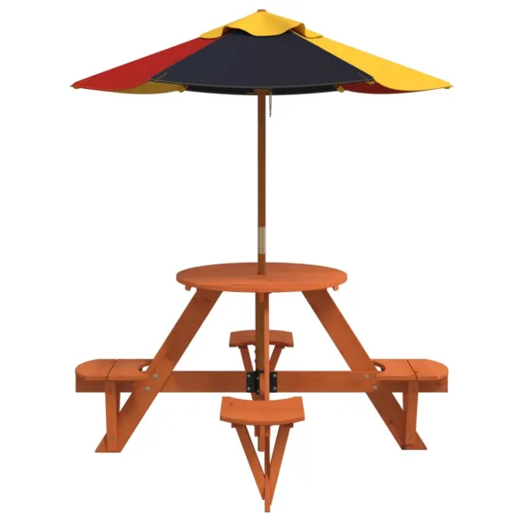 Masă Picnic 4 Copii cu Umbrelă - Lemn Natural | Livrare Gratuită