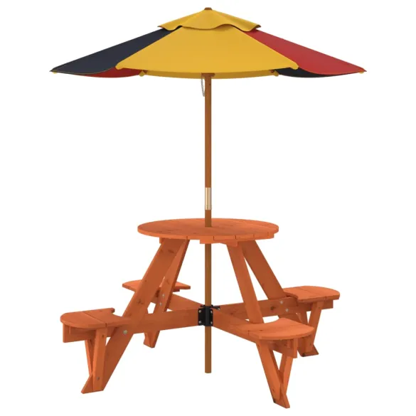 Masă Picnic 4 Copii cu Umbrelă - Lemn Natural | Livrare Gratuită