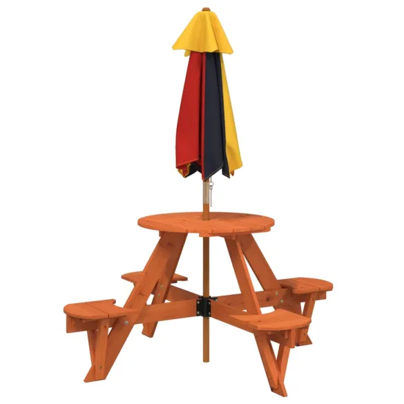 Masă Picnic 4 Copii cu Umbrelă - Lemn Natural | Livrare Gratuită
