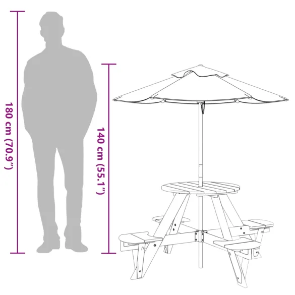 Masă Picnic 4 Copii cu Umbrelă - Lemn Natural | Livrare Gratuită