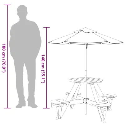 Masă Picnic 4 Copii cu Umbrelă - Lemn Natural | Livrare Gratuită