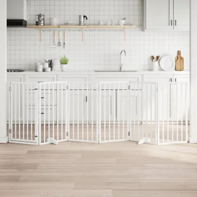 Poartă Câini Pliabilă cu Ușă - 6 Panouri Alb - 300 cm