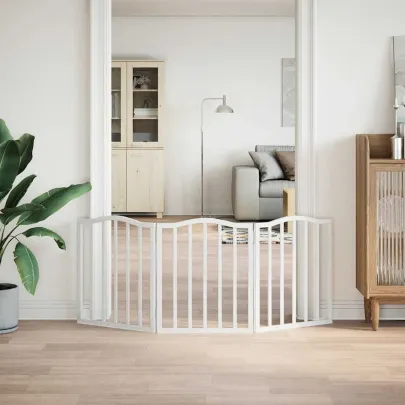 Poartă Pliabilă Câini - 3 Panouri Alb - 150 cm - Lemn Plop