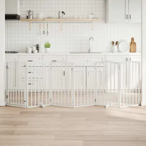 Poartă Câini Pliabilă cu Ușă - 6 Panouri Alb - 300 cm