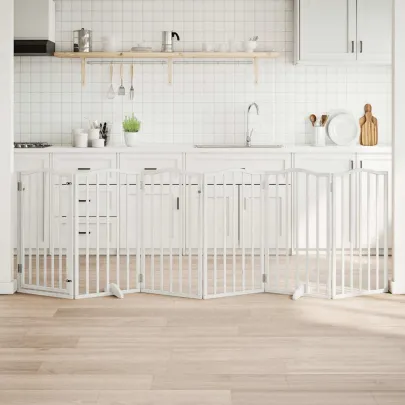 Poartă Câini Pliabilă cu Ușă - 6 Panouri Alb - 300 cm