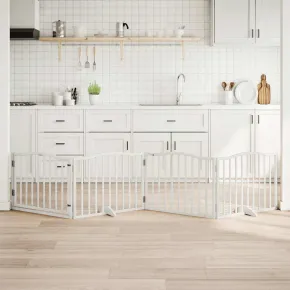 Poartă Câini Pliabilă Alb - Lemn Plop - 320 cm - Gratis