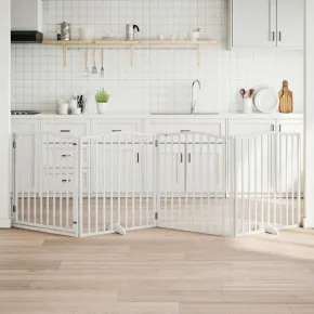 Poartă Câini Pliabilă cu Ușă - 4 Panouri - Alb - 320 cm