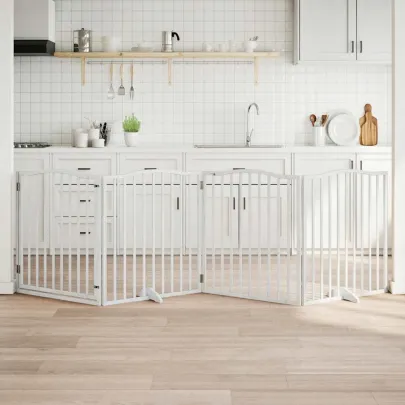 Poartă Câini Pliabilă cu Ușă - 4 Panouri - Alb - 320 cm