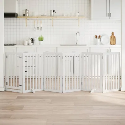 Poartă Câini Pliabilă Lemn Plop - 6 Panouri Alb 300 cm