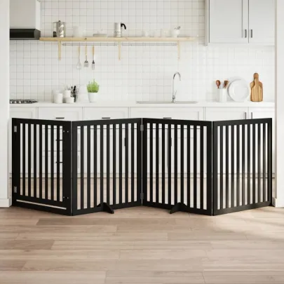 Poartă Câini Pliabilă 4 Panouri Negru 320 cm - Lemn de Plop