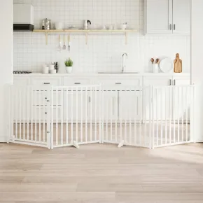 Poartă Câini Pliabilă 4 Panouri Alb - Brad Masiv 320 cm