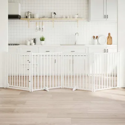 Poartă Câini Pliabilă 4 Panouri Alb - Brad Masiv 320 cm