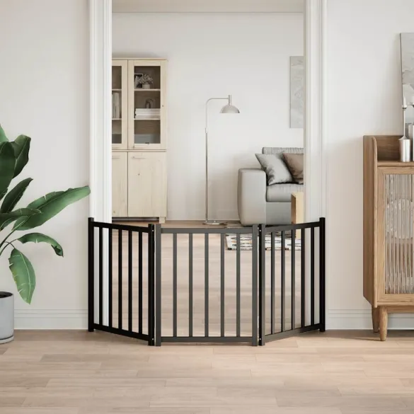 Poartă Pliabilă Câini 3 Panouri Brad Negru 150cm | Livrare Gratuită