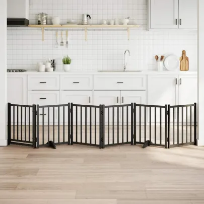 Poartă Câini Pliabilă Lemn - 6 Panouri Negru 300cm