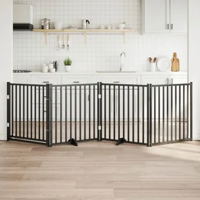 Poartă Câini Pliabilă 4 Panouri Negru 320 cm - Lemn Masiv