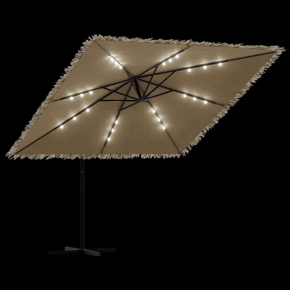 Umbrelă Soare Grădină cu LED | Acoperiș Paie | Oțel