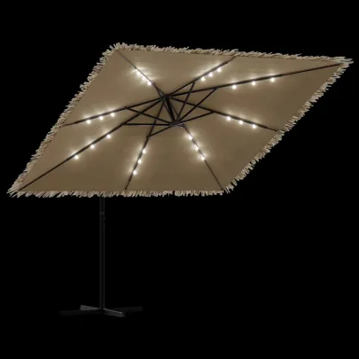 Umbrelă Soare Grădină cu LED | Acoperiș Paie | Oțel