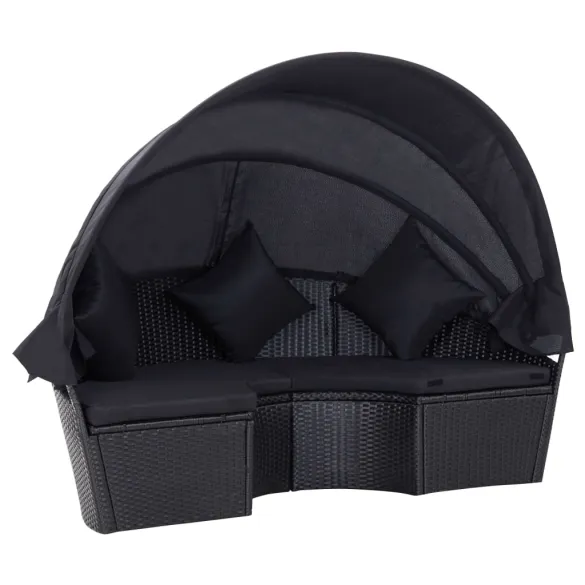 Pat Șezlong cu Baldachin Exterior - Negru, Poliratan